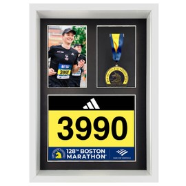 3-in-1 Shadow Box Display with Real Glass (Medal, Race Bibs, and Photo Display) – Marathon Medal Display and Frame, Triathlon & Running Bib Holder, Wall-Mounted, Real Tempered Glass- White
