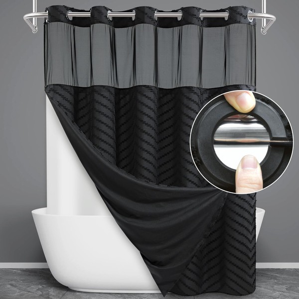 WONICY No Hook Shower Curtain with Snap in Liner, Black