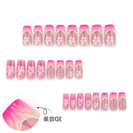 Ombre Pink Orange Press on Nails Medium Square Fake Nails with White Flower Charm Design Yellow Pink French Tips Stick on Nails Handmade Glue on Nails Glossy Summer False Nails for Women 24Pcs