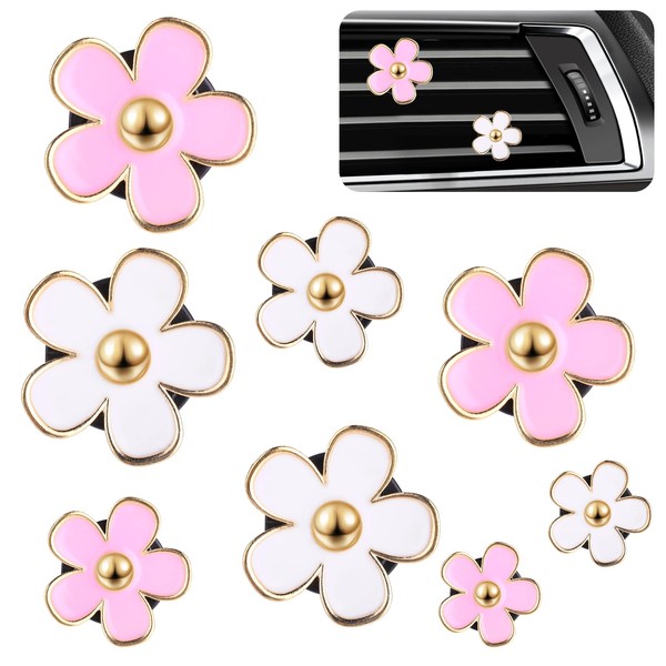 8PCS Daisy Flower Air Freshener Car Clips Cute Car Vent Clips Air Conditioning Outlet Clip Air Vent Clips Car Interior Decor Charm Colorful Car Accessories For Women Girls Gifts (Pink, White)
