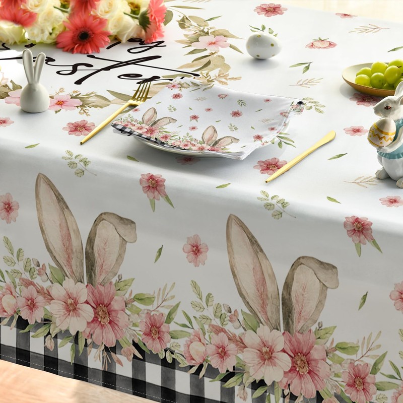 Horaldaily Easter Tablecloth 60x120 Inch Rectangular, Spring Flower Buffalo Plaid