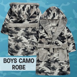 Metzuyan WS-AW22 Kids Boys Camo Dressing Gown Nightwear Grey Camouflage Bathrobe 7-8 Years