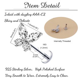 Besyvvin 925 Sterling Silver Lip Piercing Helix Tragus Cartilage Stud 6 mm Butterfly Flower Stone Piercing Lip Stud, Silver