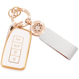 Koaudb for Lexus Key Fob Cover Soft TPU Smart Car Key Shell Case for Lexus RX is ES GS LS NX RS GX LX LC 2 3 4 Buttons White Key Protector with Bling Leather Keychain (C-LXS)