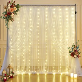 10x10ft White Tulle Backdrop Curtain with Lights String for Parties Wedding Twinkle Sheer Backdrop Curtains for Bridal Shower Birthday Party Baby Shower Christmas Photo Booth Background Decorations