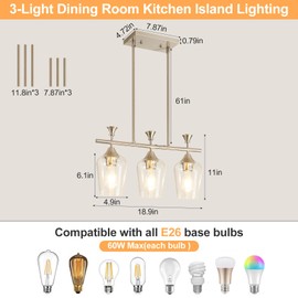 Dining Room Light Fixture/Chandelier Over Table, 3-Light Kitchen Island Lighting Hanging for Farmhouse Linear Chandeliers, Modern Silver Ceiling Pendant Light Fixtures, with Clear Glass Shade