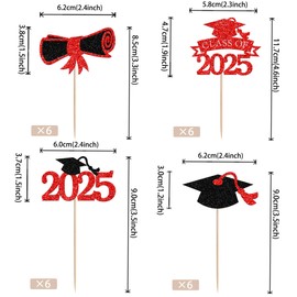 24 PCS 2025 Graduation Theme Cupcake Toppers Glitter Congrats Grad Class of 2025 Cupcake Picks Diploma Grad Cap Cupcake Decorations for 2025 Senior High School Graduation Theme Party Supplies Red