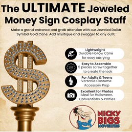 Nicky Bigs Novelties Gold Jeweled Money Cane 49.5" Adjustable Staff with Dollar Symbol, Cosplay Scepter, Halloween Prop Costume, Magician Stage Accessory, Walking Stick for Men, One Size