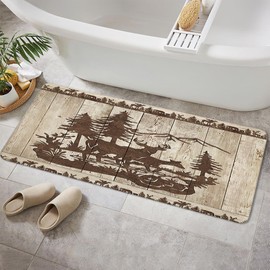 Cabin Bathroom Rugs, Farmhouse Country Antique Deer Moose Forest Vintage Wood Decor Non Slip Bath Mats,Hunting Camping Bath Rug Sets for Bathroom Bedroom Kitchen Outdoor Indoor 19X31 Inch, Brown