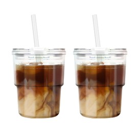 Luxfuel 13oz Tumbler Water Glass with Straw and Lid, 2 Pack Glass Coffee Cups, Sealed Carry-On Glass Water Cup,Iced Tea, for Travel,Home, Office, Party, Camping and Outdoor (Iridescent Shimmer)