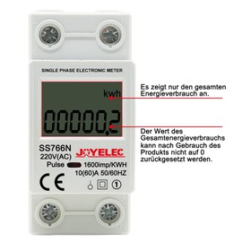 JOYELEC LCD Digital 220 V Electricity Meter, DIN Rail KWh Counter 10 (60) A, 1-Phase AC Meter, 2-Pin 2P DIN Rail Electricity Meter, Displays Only KWh, No Backlight