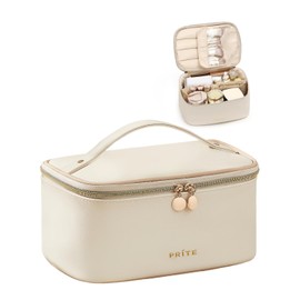 Prite Makeup Bag Portable Cosmetic Organizer with Brush Holder Waterproof Travel Toiletry Bag for Women with Handle and Divider (Beige)