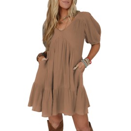 Acelitt Women's Summer Dresses 2025 Beach Casual Deep V Neck Loose Sundress Short Sleeve Mini Dress with Pockets Brown Medium