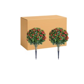 MilleLoom 2 FT Artificial Topiary Flower Ball Trees with Ground Spike, Set of 2 Fake Boxwood Flowers Shrubs with Stake for Outdoor,Red