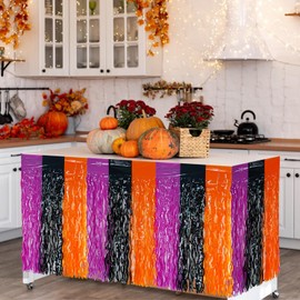Bouiexye 2 Pack 29.5x108 Inch Foil Tinsel Fringe Table Skirts, Disposable Table Skirts for Rectangle Tables Curtains Backdrop Parade Wedding Floats Baby Shower Party (Black, Orange, Purple)
