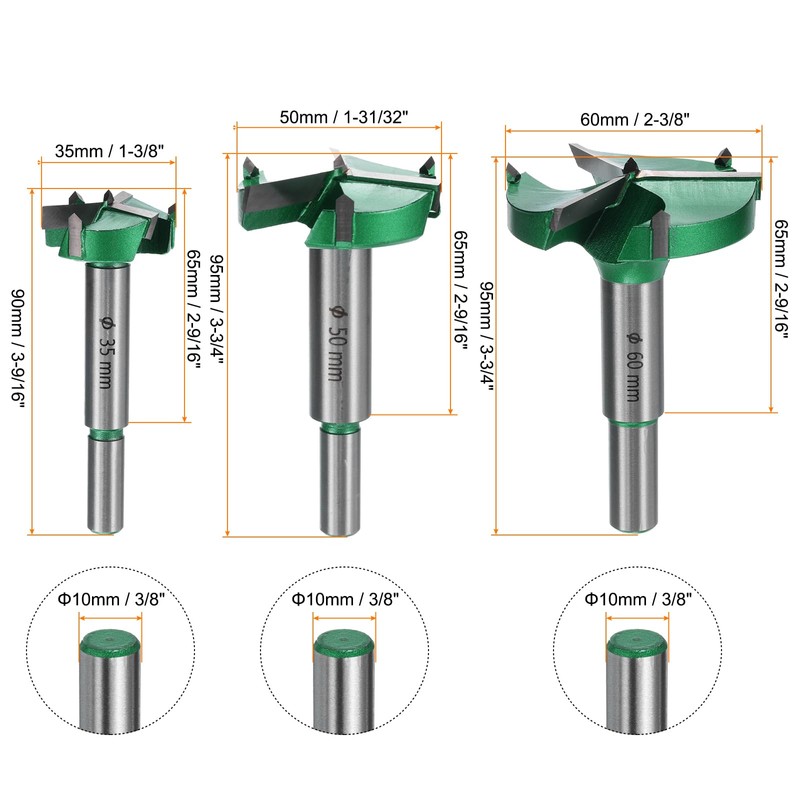 QUARKZMAN 3-teiliges Forstner-Bohrer-Set 1-3/8" 1-31/32" 2-3/8" (35mm 50mm 60mm) Hartmetall