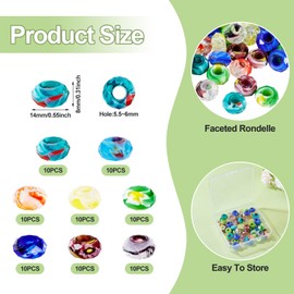 Boutigem 80Pcs Two Tone Glass European Beads Colorful Large Hole Beads Faceted Rondelle Slide Charms Crystal Spacer Beads No Metal Core 14x8mm for DIY Craft Bracelet Necklace Jewelry Making