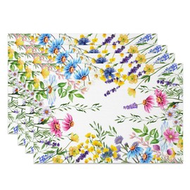 Flowers Placemats Set of 6,12x18 Inch Garden Plants Place Mats Washable Fabric for Seasonal Summer Table Mats for Party Kitchen Dining Table Decoration