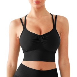 BRXL Seamless V-Neck Sports Bra for Women Low Impact Strappy Criss Cross Back Pilates Yoga Moisture-Wicking Bras Black