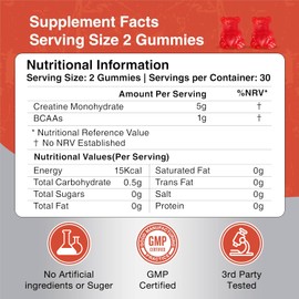 Creatine Gummies 5000mg Creatine Monohydrate with 1000mg BCAAs (1 Month Supply) for Men & Women, Vegan & Sugar-Free, Easy Pre/Post Workout Gym Support for Performance and Muscle Power, 60 Coun