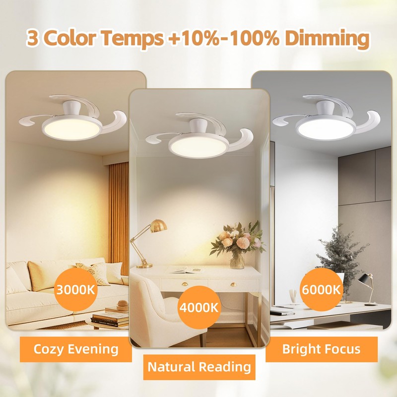 48 inch White Slim Retractable Ceiling Fan with Light and