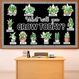 Spring Greenery Potted Plant Bulletin Board Set Motivational Eucalyptus Classroom Decorations What Will You Grow Today Positive Paper Cutouts for Back to School Chalkboard Wall Door Teacher Decor