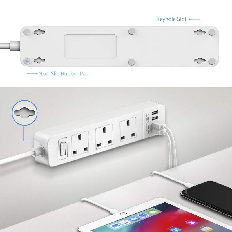 JSVER Extension Lead USB, Power Socket with 3 Outlet 4