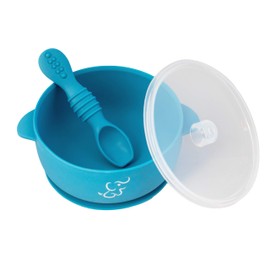 PAPU BABY Plato Hondo/Bowl/Tazón Grande con Tapa y Cuchara de Silicón 100% Grado alimenticio con Base de succión. Libre de BPA (Azul)