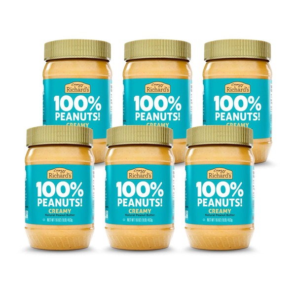 Crazy Richard's 100% All-Natural Creamy Vegan Peanut Butter with No Added Sugar and Non-GMO (16 Ounce, Pack of 6)