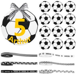 Geelin 12pcs Football Wood Crafts with 6 roll of Ribbon Wooden Football Shaped Hanging Ornaments Wood Tags with Soccer Ribbon for DIY Project Birthday Sport Themed Party Decor