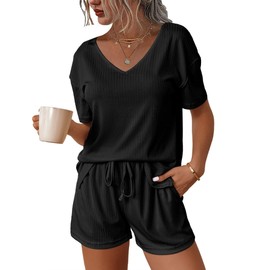 Ekouaer Women's Ribbed Short Sleeve Pyjamas, Women's Summer Leisure Suit, Short Lounge Set, S-XXL, black