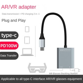 Type-C AR/VR Glasses Adapter, Silver Gray, 2-in-1 PD 100W Charging and Data Transfer Dock, Multi-Device Compatible, Plug and Play