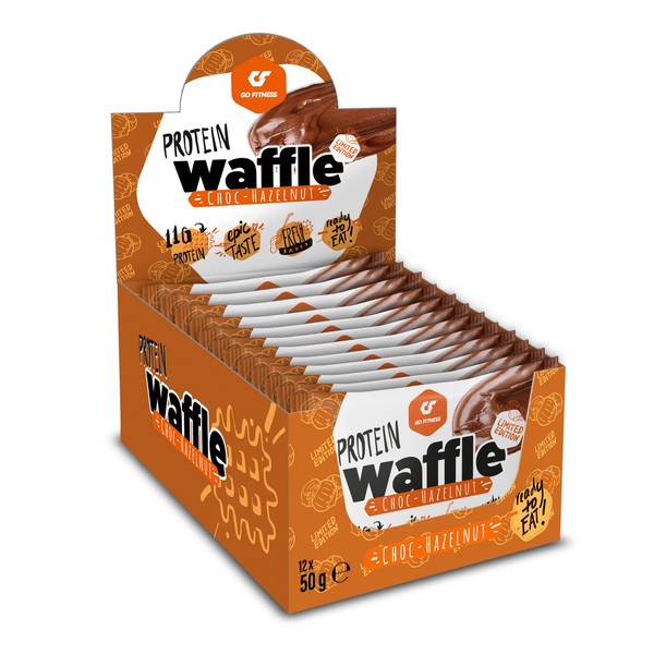 GO FITNESS 50 g High Protein Waffles Hazelnut (Pack of 12) | Extremely Delicious & Freshly Baked | Healthy Sweets for Muscle Building | Protein Bar 12 g Protein | Low Carb Snacks