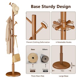 Solid Wood Coat Rack Freestanding Coat Tree with 10 Hooks, Standing Coat Rack Clothes Jacket Hanger Stand with Sturdy Rounded Base for Entryway,Living,Bedroom (Walnut Brown)