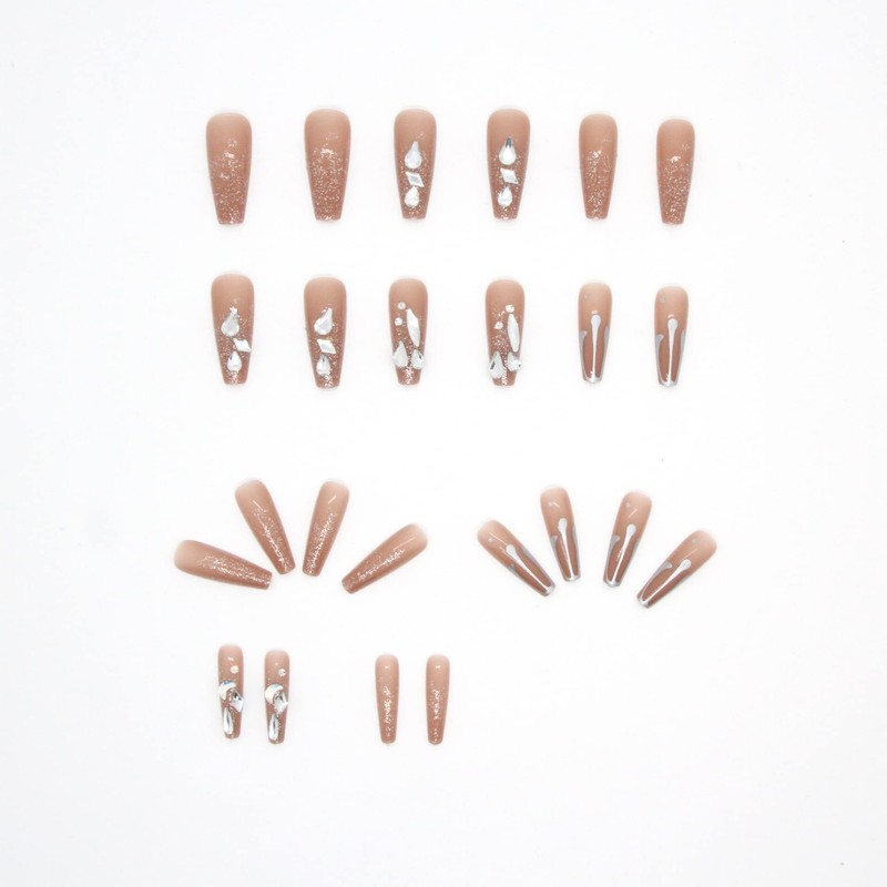 Glitter Nail Tips 24pcs Long Fake Nails Skin Color for