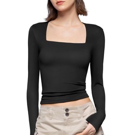 PUMIEY Long Sleeve Shirts for Women Dupes T Shirts Womens Fashion Going Out Tops Fall Outfits Basic Tee, Jet Black, X-Small