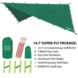 Gold Armour Rainfly Tarp Hammock, Premium 14.7ft/12ft/10ft/8ft Rain Fly Cover, Waterproof Ultralight Camping Shelter Canopy, Survival Equipment Gear Camping Tent Accessories (Green 14.7ft x 12ft)