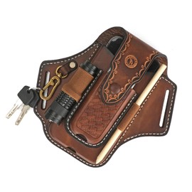 Tourbon Multi-Tool Leather Belt EDC Pocket Organizer Phone Pouch for Men with Flashlight Pen Holder Keychain Brown