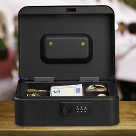 Relaxdays Cash Box, 3-Digit Number Combination, Coin Insert, Iron Money Box, Cash Box, HBT 8.5 x 20 x 17 cm, Black