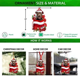 Talataca Pit Bull 2D Flat Christmas Ornament, Pit Bull Dog in Red Santa Gift Bag Pine Tree Decor, Hanging House Charm Eve Keepsake, Car Rear View Mirror Accessories, Xmas Gift