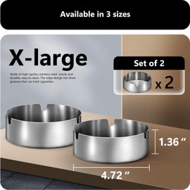 roygra Ashtray 2 Pack, Metal Ashtray - Silver, X-Large Size (4.72 x 4.72 x 1.36’’)