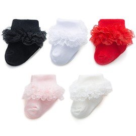 Calcetines para bebé niña con ojales y triple encaje con volantes, calcetines de 2/3/5 pares de calcetines de tobillo para recién nacidos, A_black White Red Pink Cream, 5 pares, 1-3 Años