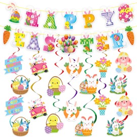 52 Pcs Easter Banner, Happy Easter Garland with Hanging Swirls, Cute Egg Bunny Sign Decorations for Office Home, Easter Party Supplies