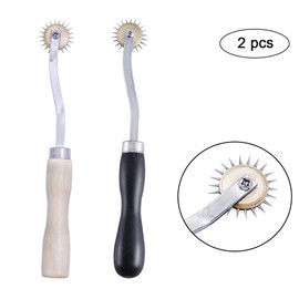 Pack of 2 sewing tools, craft sewing wheel, sewing tool with wooden handle, cutting pattern wheel, roulette tool, toothed tracking wheel with wooden handle for leather edges