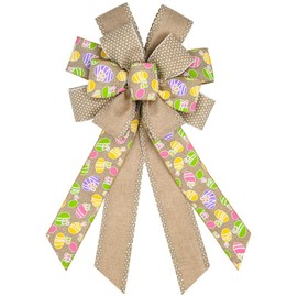 Threetols Easter Large Wreath Bows, Spring Easter Colorful Eggs Bows for Wreath Bow Decoration Beige Dots Burlap Wreath Bows for Front Door Tree Bows for Home Door Wall Decor Spring Easter Party