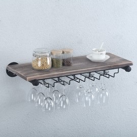 OLDRAINBOW Industrial Wine Rack Wall Mounted with 5 Glass Holder,Wine Glass Rack Floating Wine Glass Shelf,24in Pipe Shelving Hanging Wood Shelves