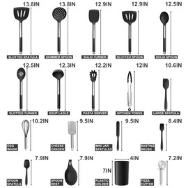 Silicone Kitchen Utensils Set, E-far 30-Piece Cooking Utensils Set with Holder, Heat Resistant Kitchen Spatulas Turner Tong Spoon Whisk Ladle for Nonstick Cookware, Stainless Steel Handle (Black)