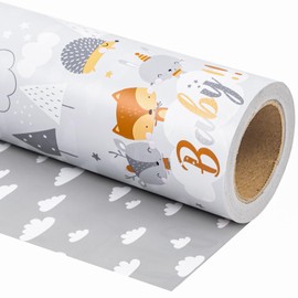 WRAPAHOLIC WRAPAHOLIC Reversible Baby Shower Wrapping Paper - Mini Roll - 17 Inch X 33 Feet - Grey Animal Design Neutral Baby Shower, Boys Girls Kids Birthday