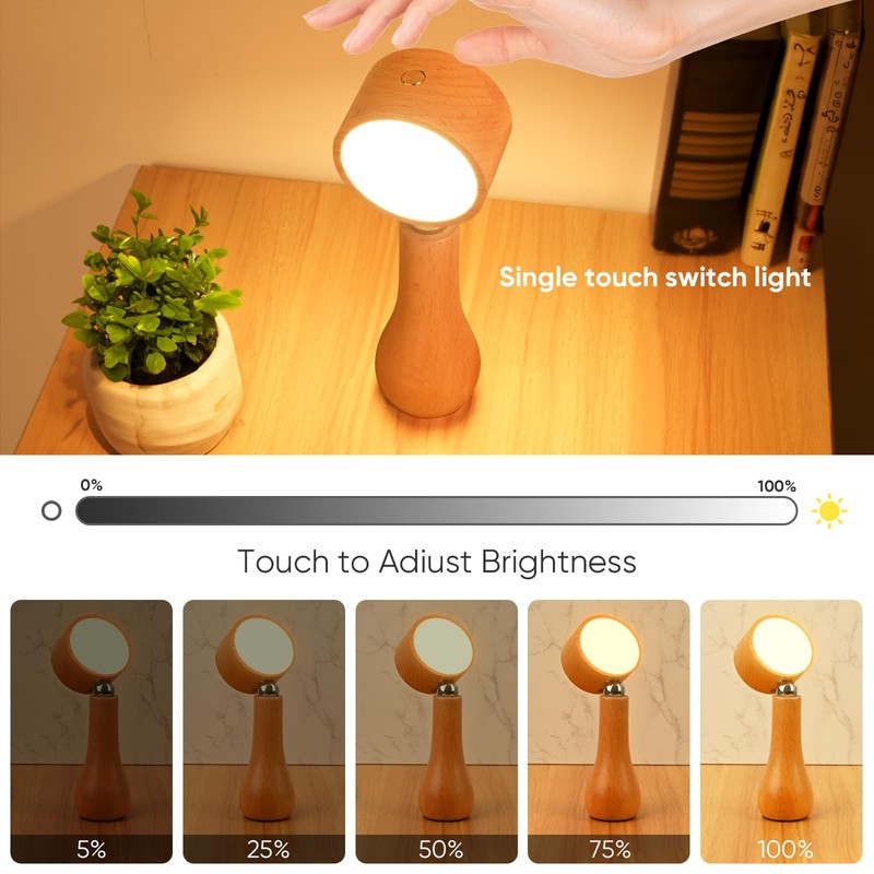2 Pack LED Wooden Mushroom Lamp, Rechargeable Battery Operated Portable