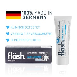 fläsh Zahnaufhellung | Zahnpasta für weiße Zähne | bleaching Zähne | Bleaching Zahnpasta | teeth whitening toothpaste | Whitening Zahnpasta | Zähne aufhellen | Made in Germany | Orange-Ingwer